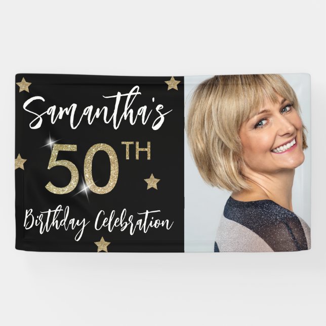 50th Birthday Stars Photo Gold Party Banner (Horizontal)