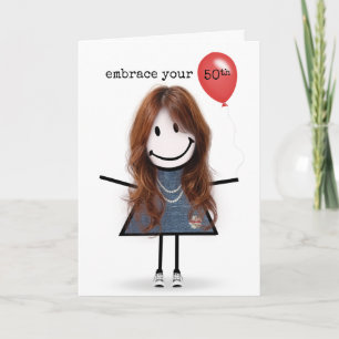 50th Birthday Stick Figure Girl with Red Balloon Card