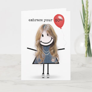 50th Birthday Stick Figure Girl with Red Balloon Card