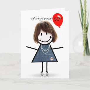 50th Birthday Stick Figure Girl with Red Balloon Card