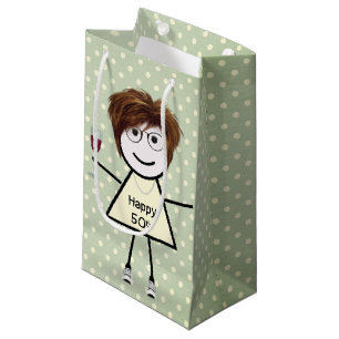 50th Birthday Stick Girl On Polka Dots Small Gift Bag