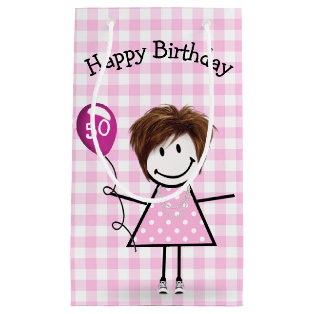 50th Birthday Stick Girl with Pink Balloon Small Gift Bag (Front)