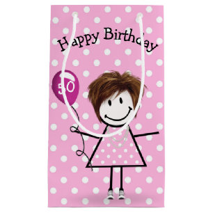 50th Birthday Stick Girl with Pink Balloon Small Gift Bag
