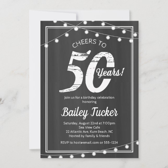 50th Birthday String Lights on Chalkboard Invitation (Front)