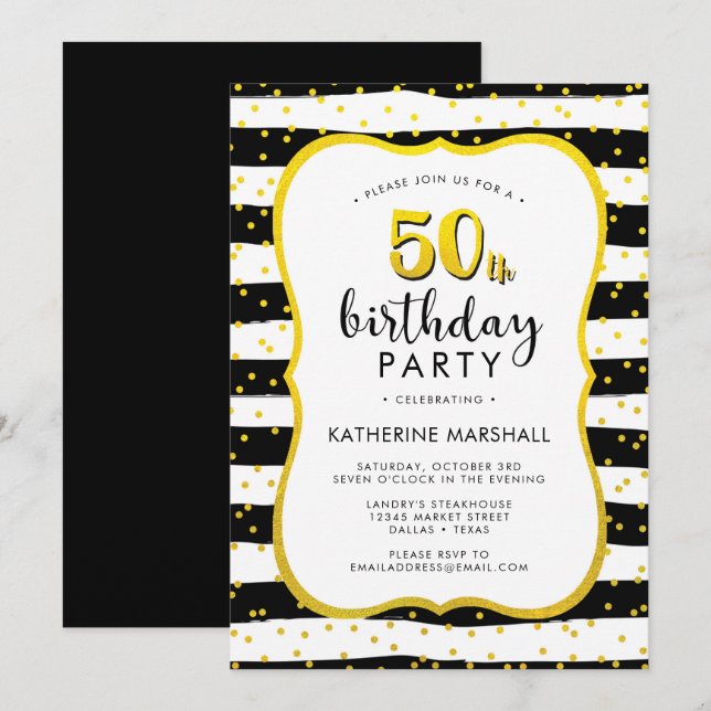 50th Birthday Striped Gold and Black Invitation (Front/Back)