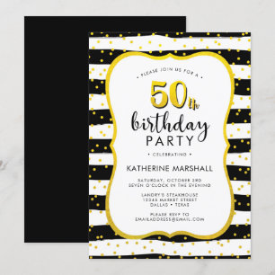 50th Birthday Striped Gold and Black Invitation