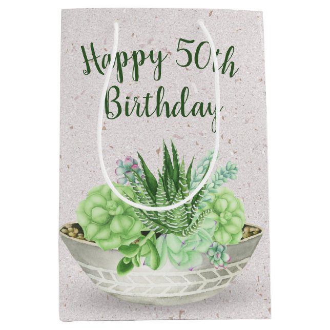 50th Birthday Succulent Plant on Terrazzo Medium Gift Bag (Front)