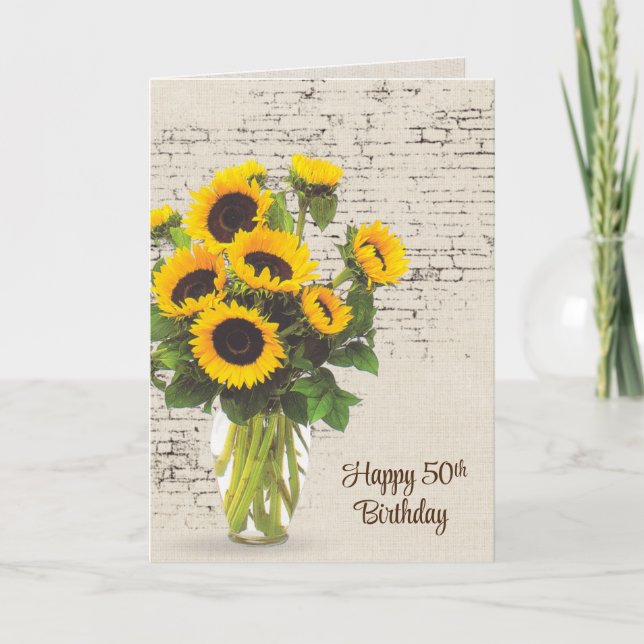 50th Birthday Sunflower Bouquet On Brick   Card (Front)