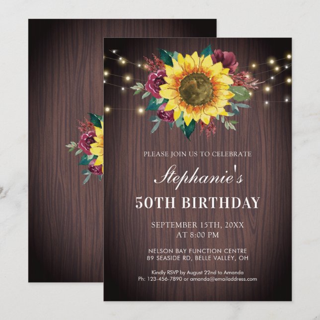 50th Birthday Sunflower Burgundy Rose Wood Lights Invitation (Front/Back)