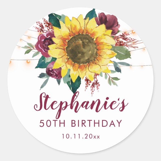 50th Birthday Sunflower Lights Floral Party Classic Round Sticker (Front)