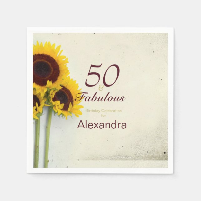 50th Birthday Sunflower Rustic Party Napkin (Front)