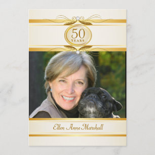 50th Birthday Surpise Party - Ivory Gold Monogram Invitation