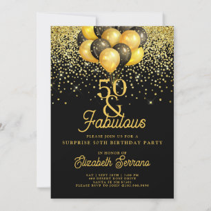 50th Birthday Surprise Party Gold Black Glitter In Invitation