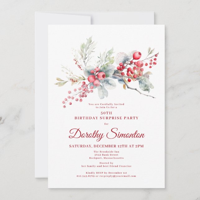 50th Birthday Surprise Party Greenery Red Berry Invitation (Front)