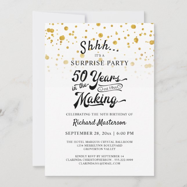 50th Birthday Surprise Party Retro Gold Confetti Invitation (Front)