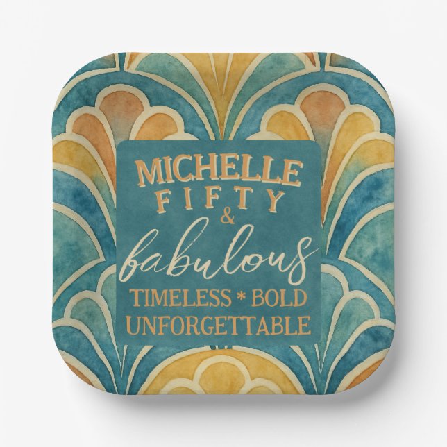 50th Birthday Teal and Gold Art Deco Style Paper Plate (Front)