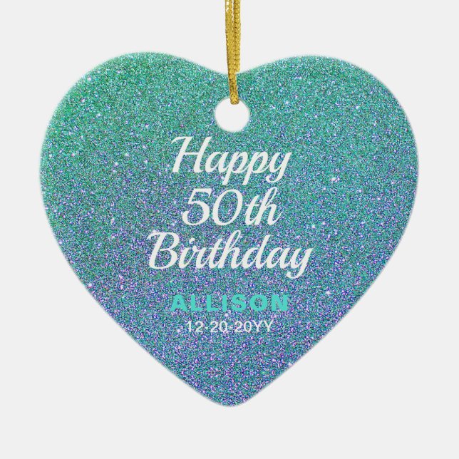 50th Birthday Teal Blue Glitter Personalised Gift Ceramic Tree Decoration (Front)