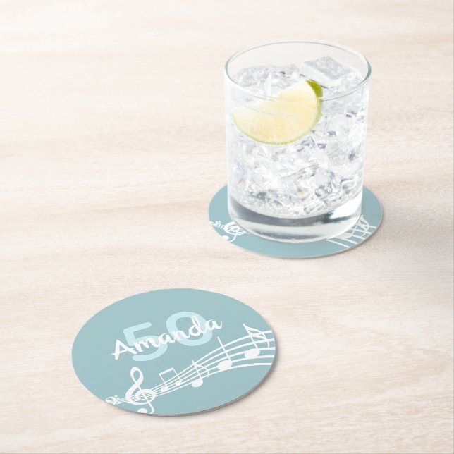 50th birthday teal blue name music notes round paper coaster (Insitu)