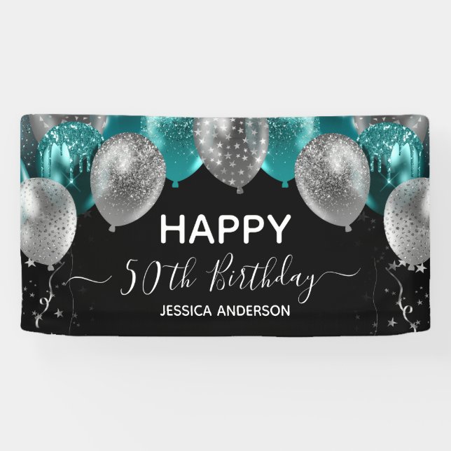 50th Birthday Teal Silver Balloons Banner (Horizontal)