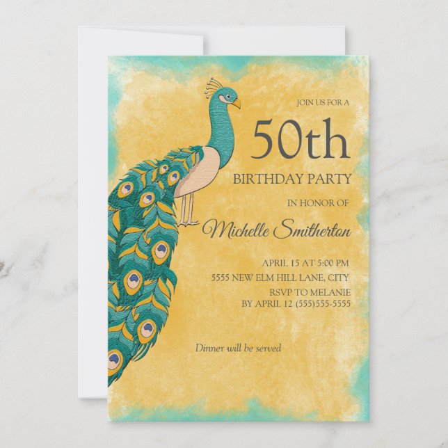 50th Birthday Teal Yellow Watercolor Peacock Invitation (Front)