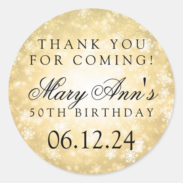 50th Birthday Thank You Gold Winter Wonderland Classic Round Sticker (Front)