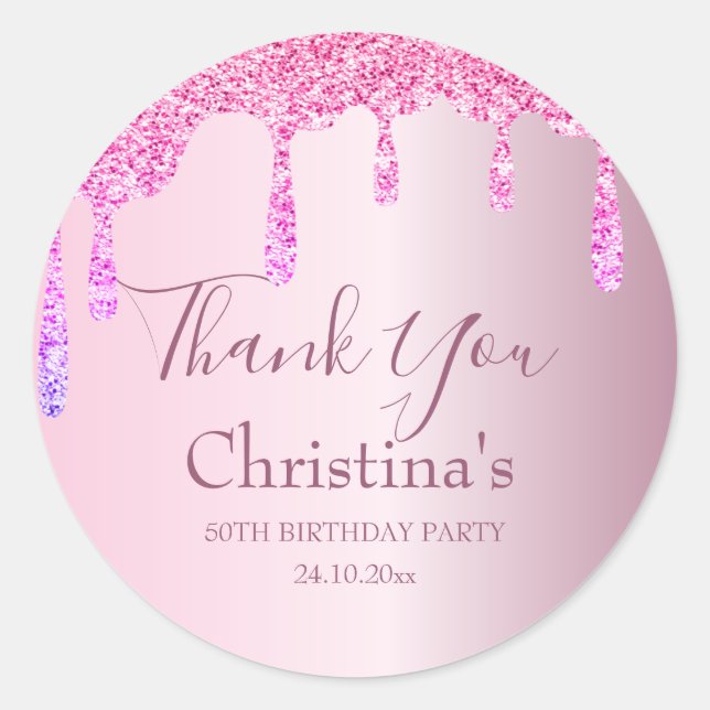 50th Birthday Thank you Pink Glitter drips Classic Round Sticker (Front)