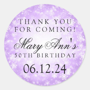 50th Birthday Thank You Purple Winter Wonderland Classic Round Sticker
