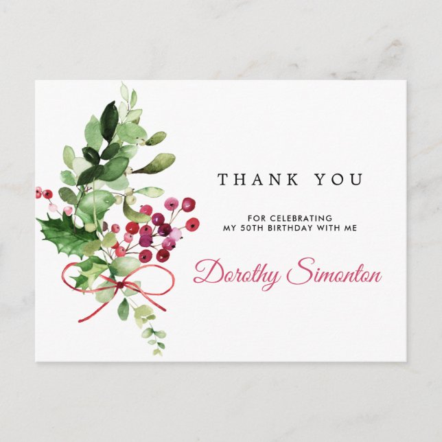 50th Birthday Thank You Rustic Winter Greenery Postcard (Front)