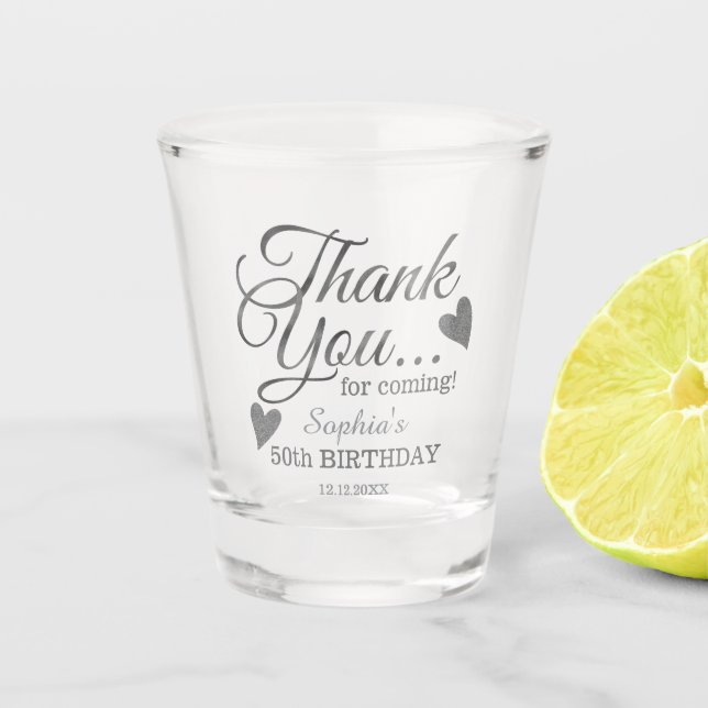50th Birthday Thank You Silver Party Favors Shot Glass (Front)