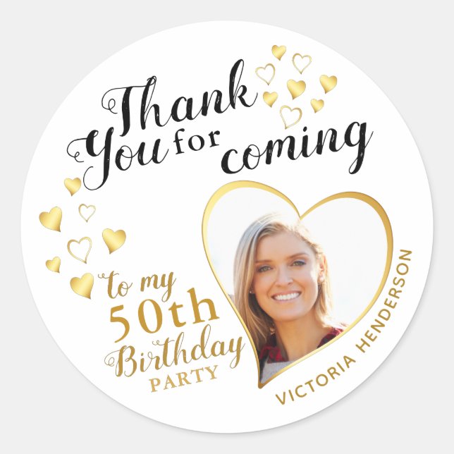 50th Birthday Thank You White Black Gold Favour Classic Round Sticker (Front)