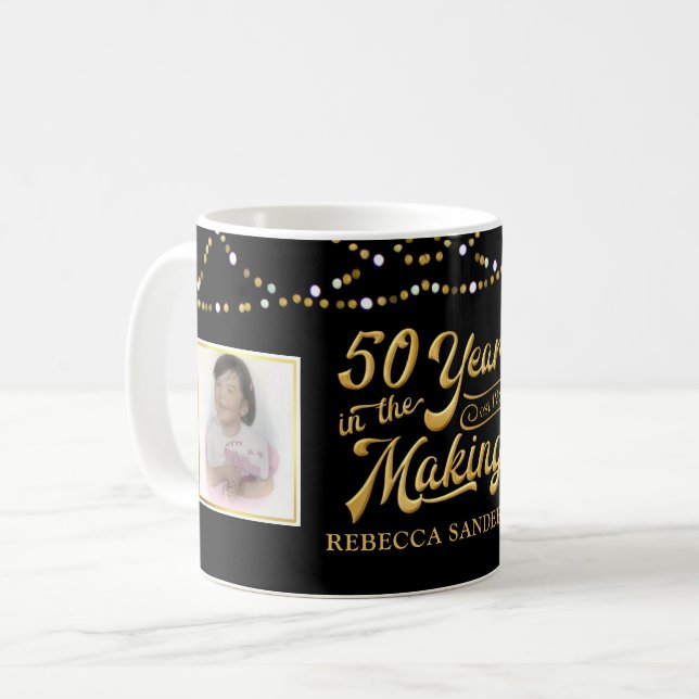 50th Birthday Then and Now Photos Black & Gold Coffee Mug (Front Left)