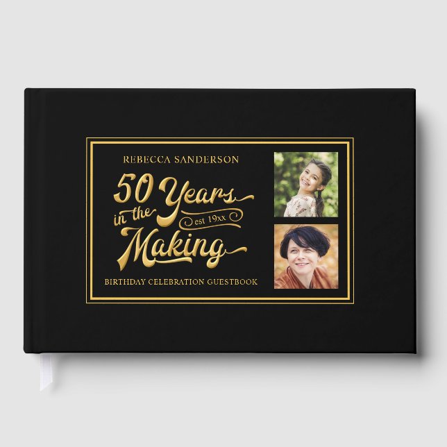 50th Birthday Then and Now Photos Black Gold Guest Book (Front)