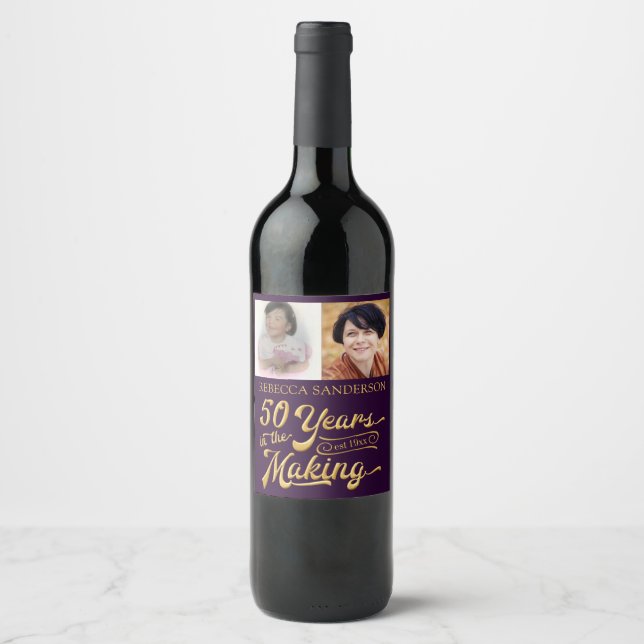 50th Birthday Then and Now Photos | Purple & Gold Wine Label (Front)