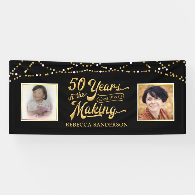 50th Birthday | Then & Now Photos | Black & Gold Banner (Horizontal)