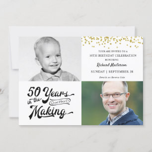 50th Birthday Then & Now Photos Gold Confetti Invitation
