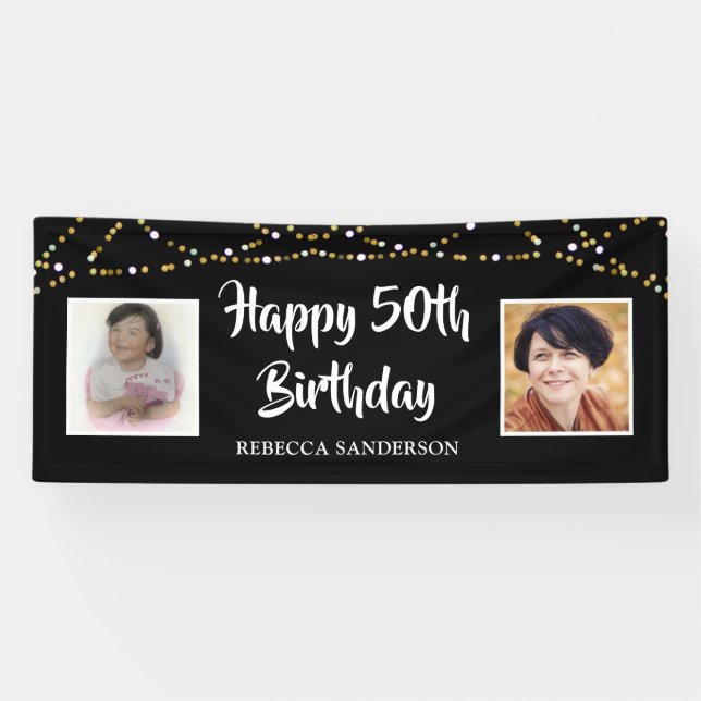 50th Birthday Then & Now Photos Lights Black Banner (Horizontal)