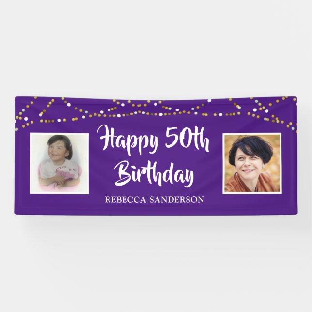 50th Birthday Then & Now Photos Lights Purple Banner (Horizontal)