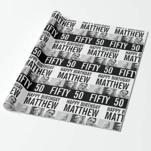 50th birthday three photos black white striped wrapping paper