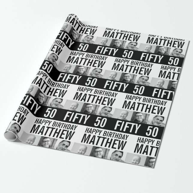 50th birthday three photos black white striped wrapping paper (Unrolled)