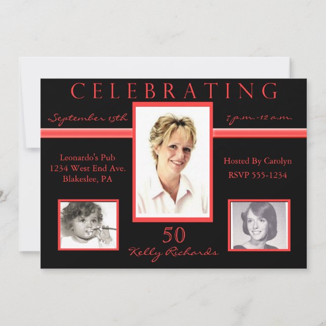 50th Birthday Tri Photo Invitations Black & Red (Front)
