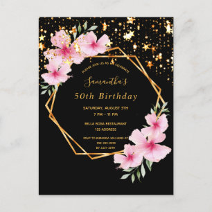 50th birthday tropical black gold stars invitation postcard