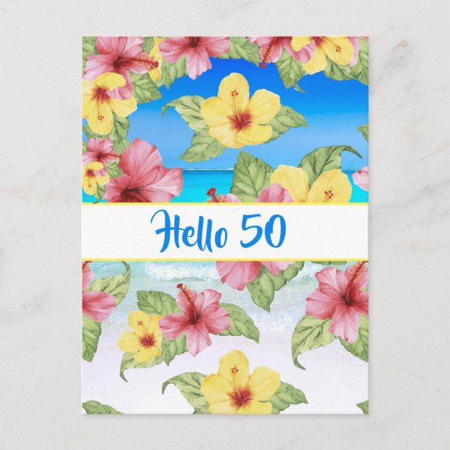 50th Birthday Tropical Flower Hello 50 Invitation Postcard (Front)