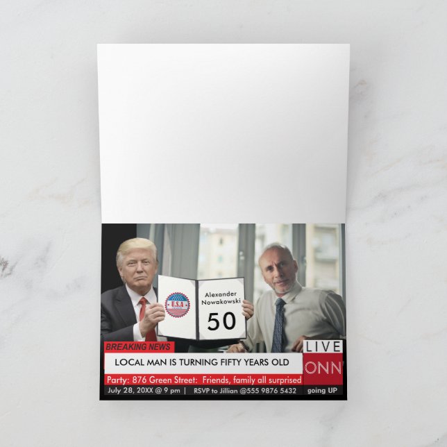 50th Birthday Trump Mens Funny TV News Invitation (Inside)