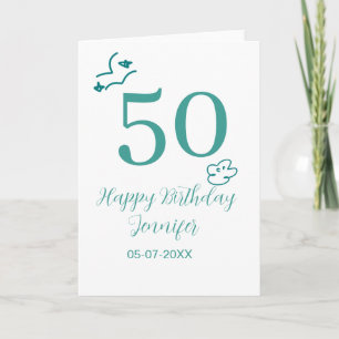 50th birthday turquoise name clouds hand drawn card