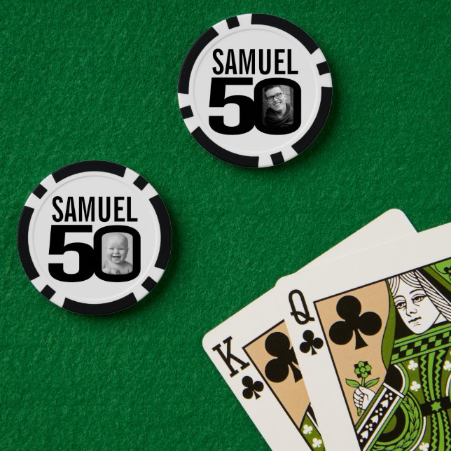 50th birthday two custom photos black and white poker chips (Poker Table (Double))