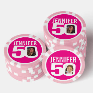 50th birthday two custom photos pink and white poker chips