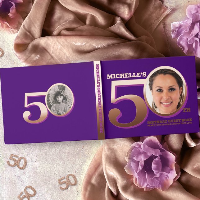 50th birthday two photos purple rose gold guest book (Creator Uploaded)