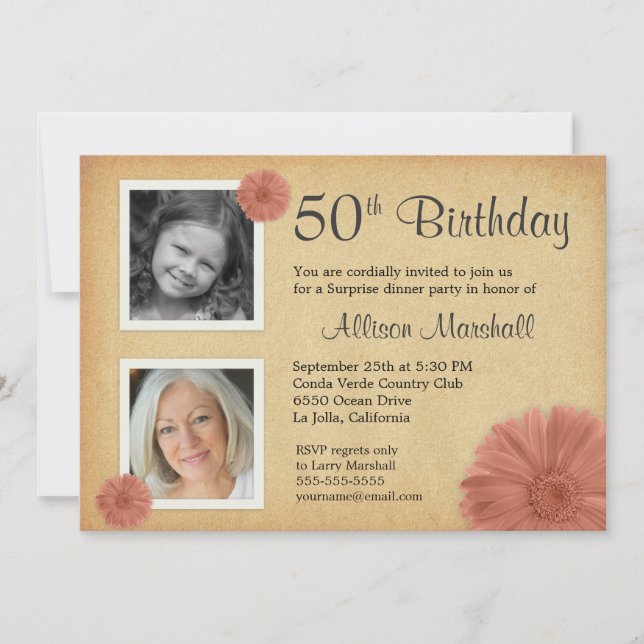 50th Birthday Vintage Daisy 2 Photo Invites (Front)
