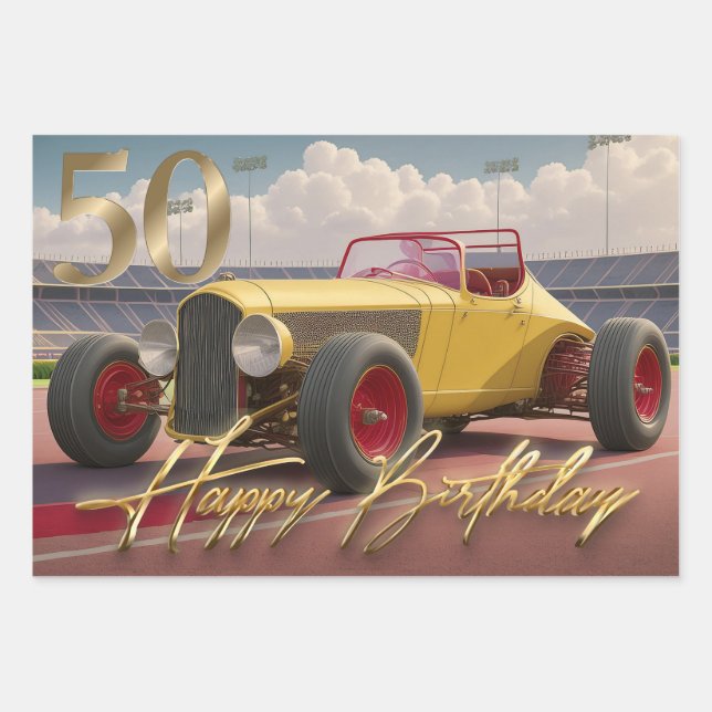 50th Birthday Vintage Racing car Wrapping Paper Sheet (Front)