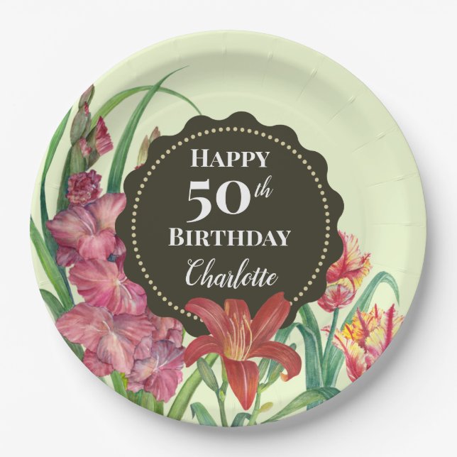 50th Birthday Warm Floral Spring Blooms Painting Paper Plate (Front)